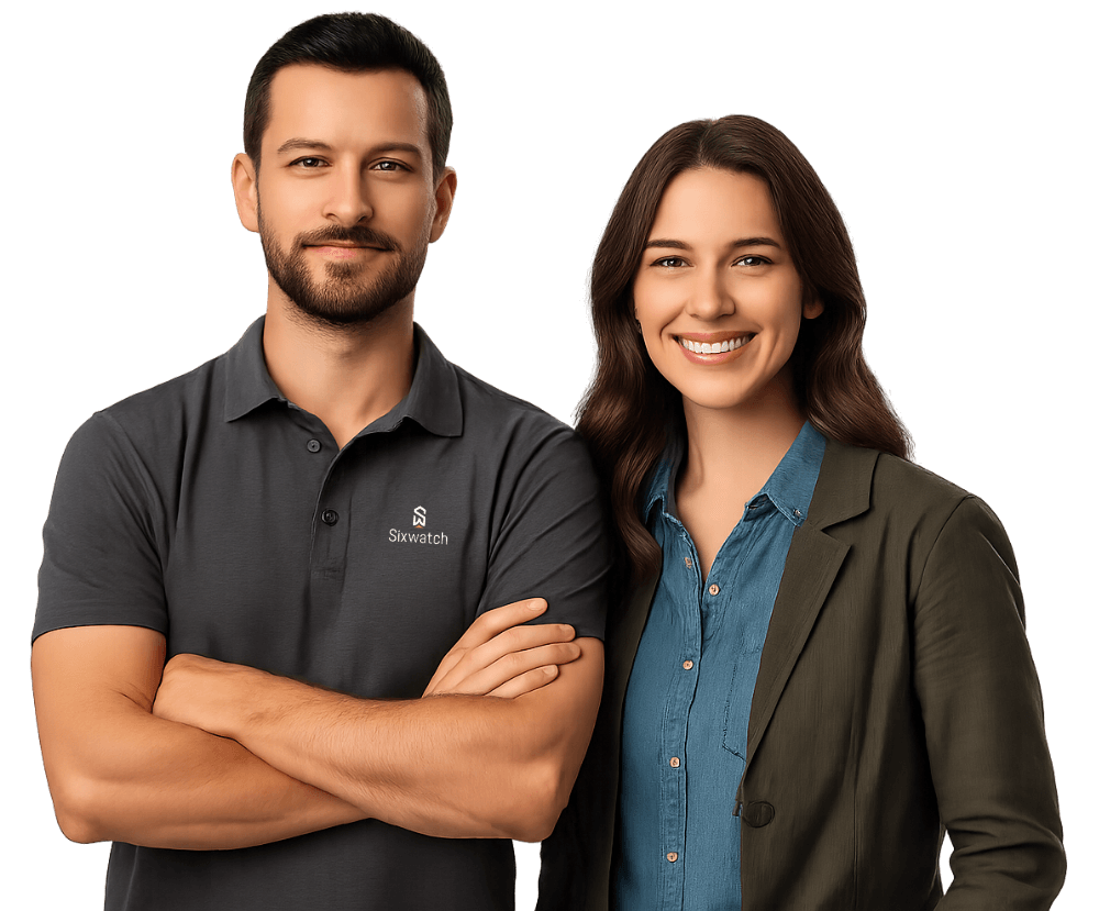 A confident man and woman standing side by side, waist up, with no background. The man has his arms crossed and wears a short-sleeve collared business casual shirt, appearing cool and approachable. The woman is smiling warmly, dressed in a denim collared shirt layered with a casual jacket.