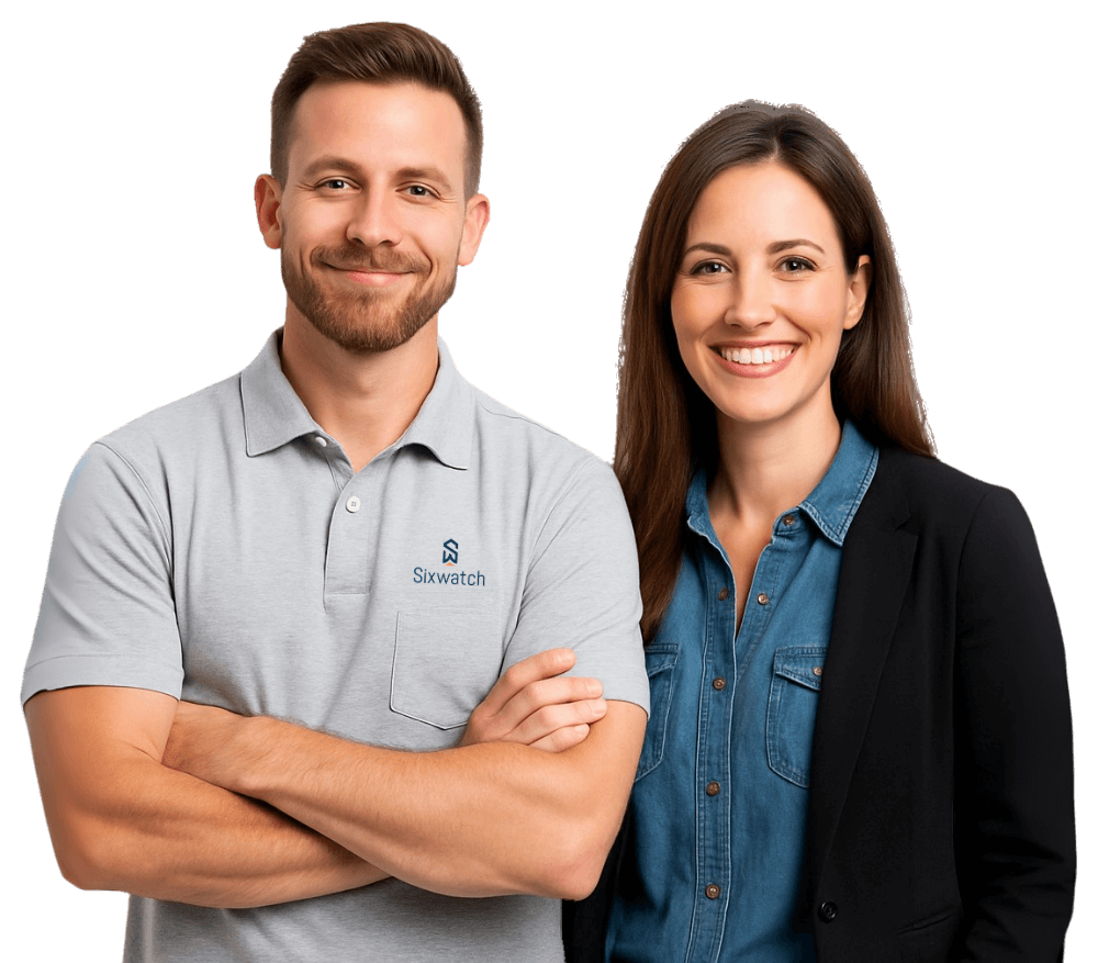 A confident man and woman standing side by side, waist up, with no background. The man has his arms crossed and wears a short-sleeve collared business casual shirt, appearing cool and approachable. The woman is smiling warmly, dressed in a denim collared shirt layered with a casual jacket.