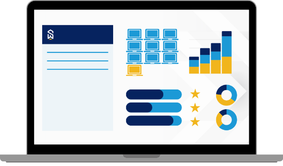 Laptop frame with faux report shapes, graphs, and Sixwatch logo