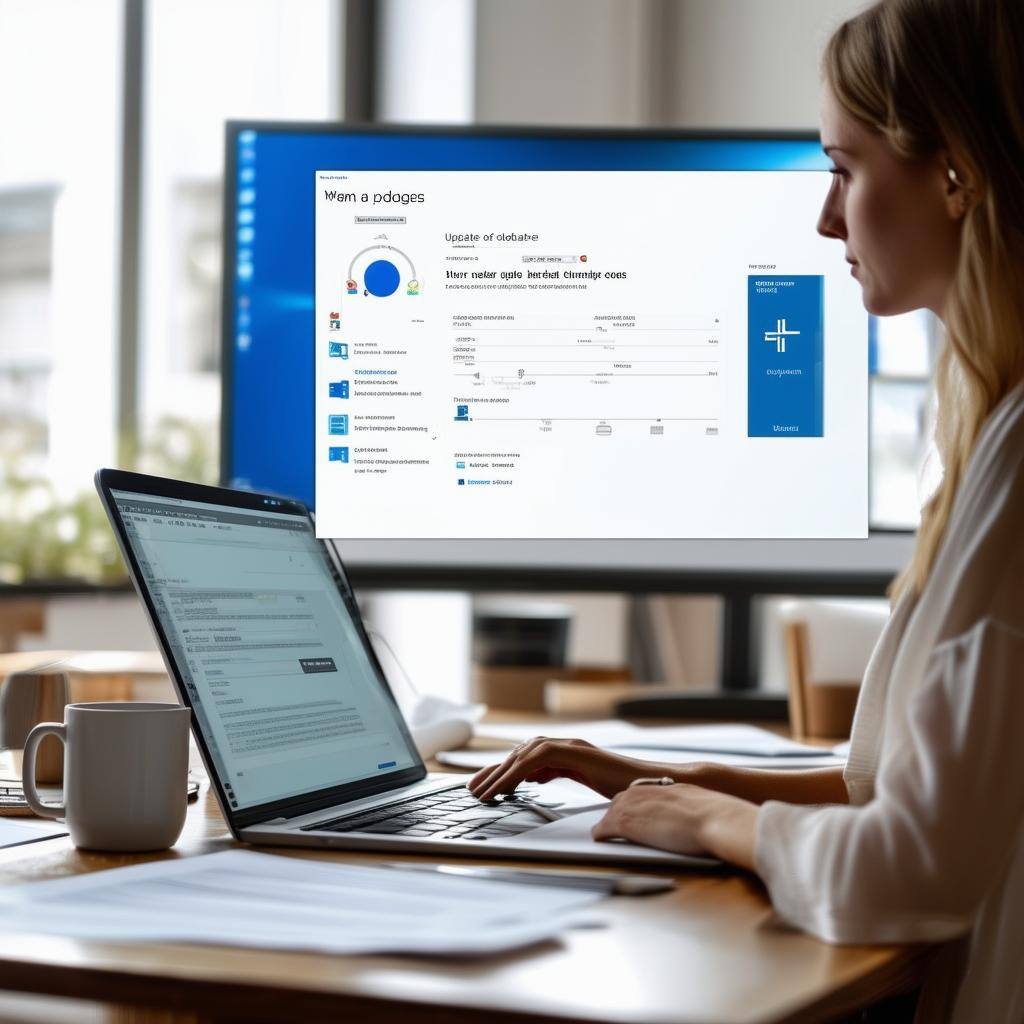 A women sitting at a desk with her laptop with a desktop next to it.