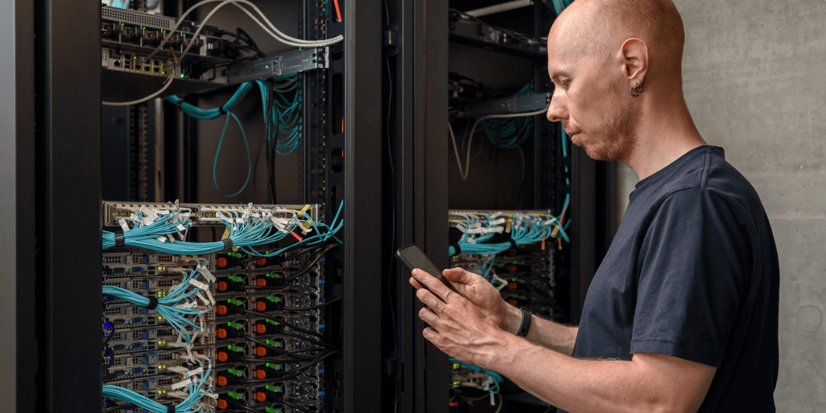 IT tech preparing his client's IT infrastructure before a Hurricane
