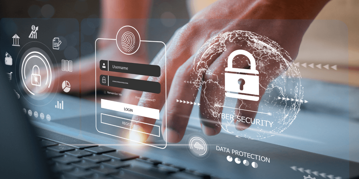 Blurred out hand using a laptop with graphic elements displayed showing locks, fingerprint, and login in security