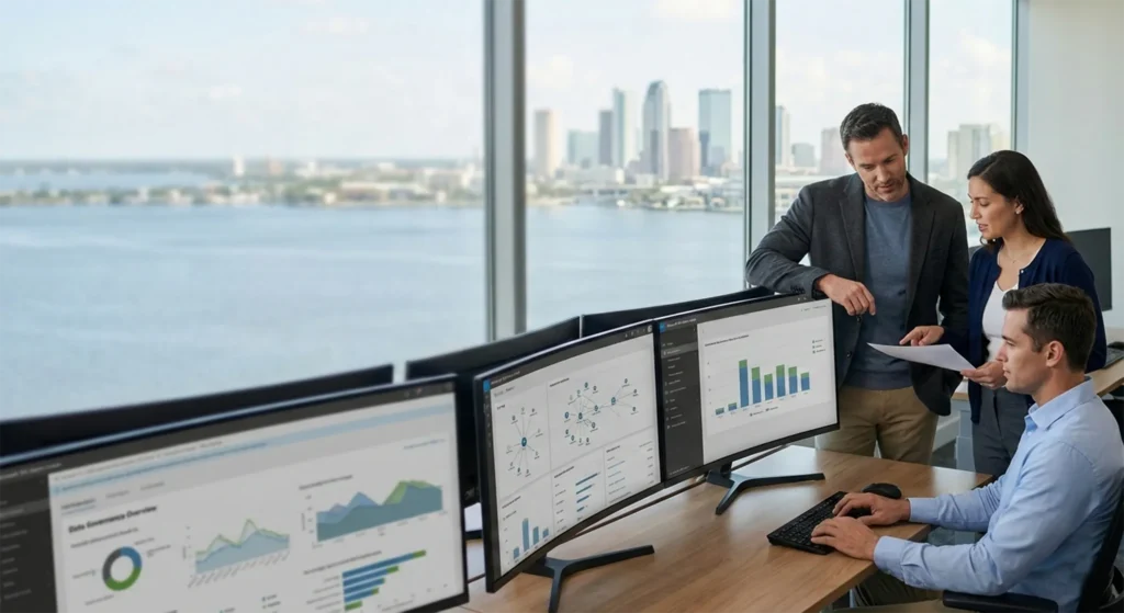 People in a office building with three monitors